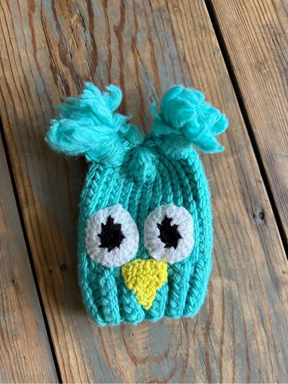 Kids Teal Owl Knit Beanie with Pom-Pom Details